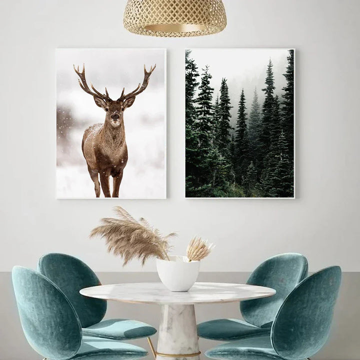 Nordic Winter Forest Deer Landscape Wall Art Fine Art Canvas Prints Gallery Wall Pictures for Living Room Dining Room Art for Scandinavian Home Decor | Skanto