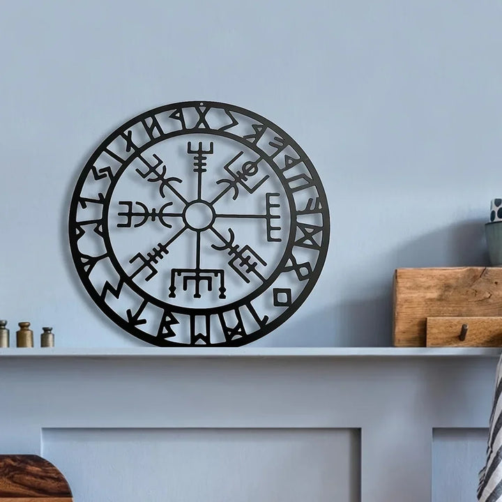 Norse Viking Runes Kompass Svart Metall Veggkunst 3D Jern Håndverk Veggmontert Nordisk Plakett For Stue Spisestue Kreativ Hjem Dekor | Skanto