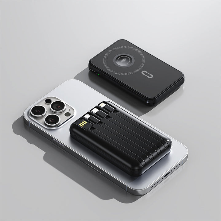 Kompakt powerbank med integrert ladekabel og hurtiglading funksjon Skanto