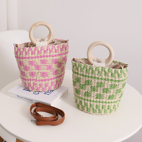 Handmade basket bag with wooden handle and adjustable shoulder strap Skanto
