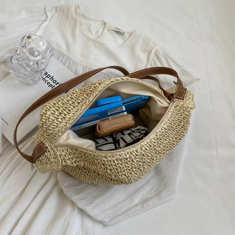 Cultured Raffia Crossover Bag with Leather Details Skanto