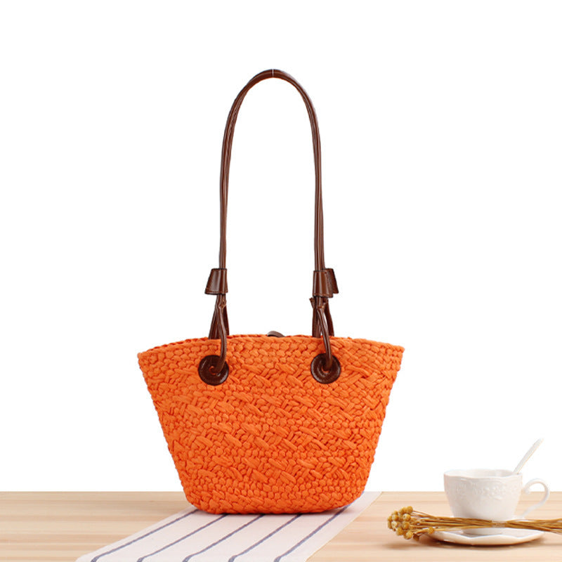 Handmade beach bag with brown leather handles Skanto