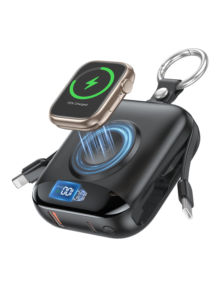 Bærbart induktivt ladeapparat med integrert batteri og LCD-skjerm Skanto