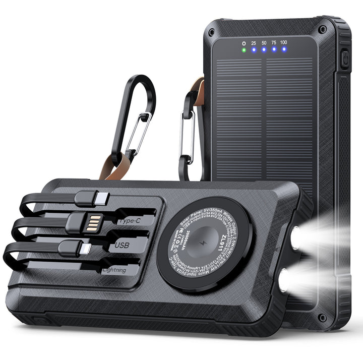 Solar Powerbank med multifunksjonelt LED-lys og integrert ladekabel Skanto