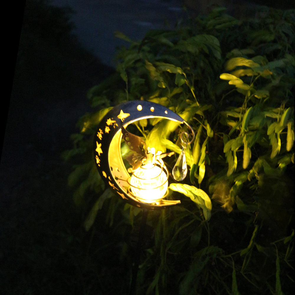 Crescent Moon Solar Hage Stake Lys Med Roterende Sprukket Glass Orb Og Sommerfugl Accent Skanto