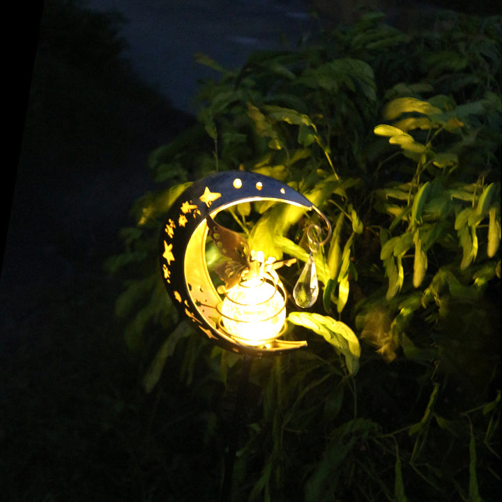 Dekorativ halvmåne solhage stake lampe med hengende krystallorb og sommerfugl Skanto