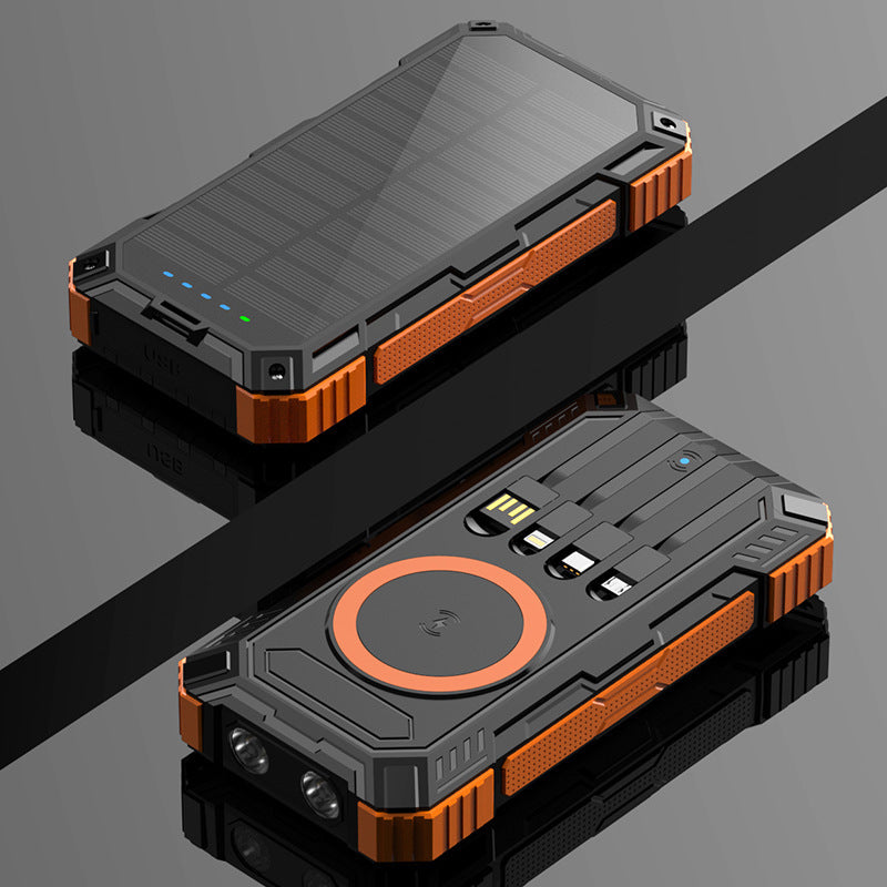 Robust solcelle-powerbank med trådløs ladingsfunksjon og sikkerhetslys Skanto
