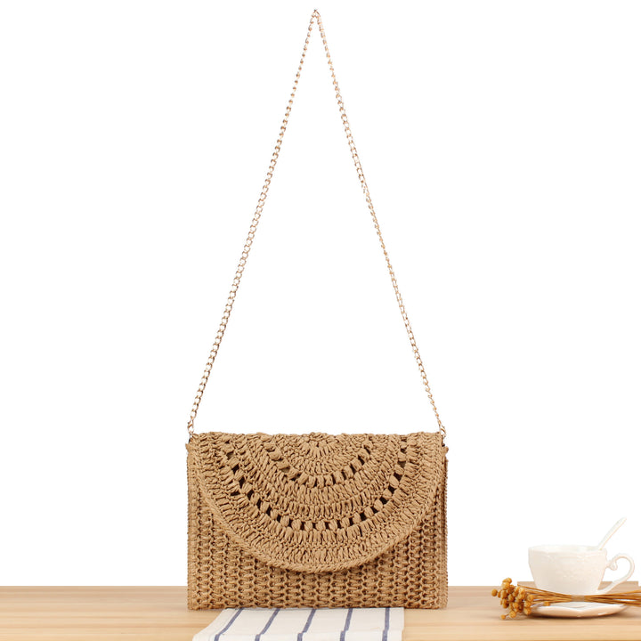 Woven Raffia Handbag with Elegant Chain Detail Skanto