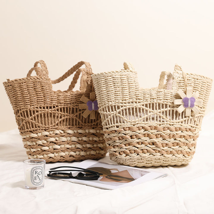 Braided basket bag with decorative floral appliqué Skanto