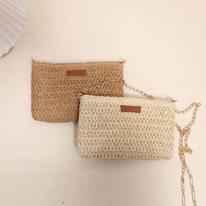Handmade crossover bag of durable bast material with gold chain Skanto