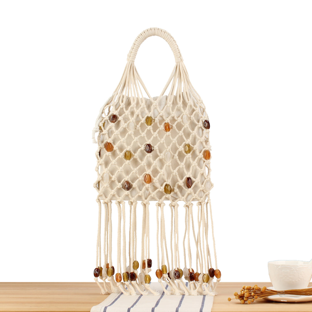 Macrame Tote Bag with Colorful Beads and Decorative Fringe Skanto