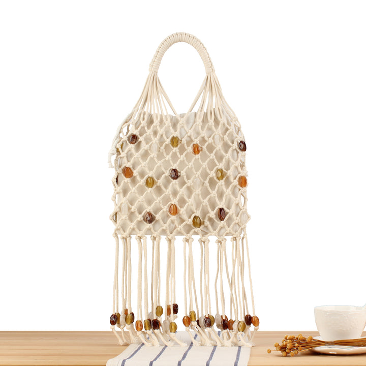 Macrame Tote Bag with Colorful Beads and Decorative Fringe Skanto