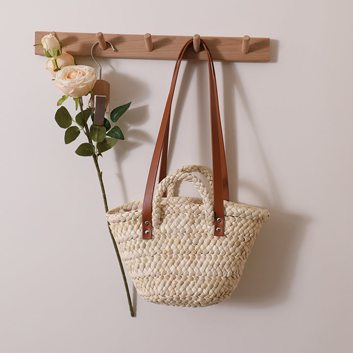 Handmade straw basket with solid leather handles Skanto