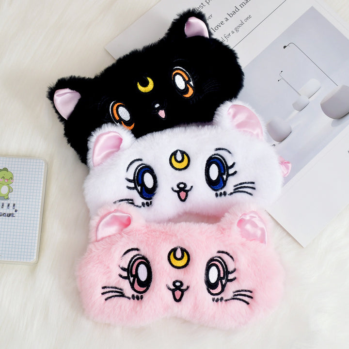 Damen nan fluffy sovemask med broderte kattemotiv og myke komfortører Skanto