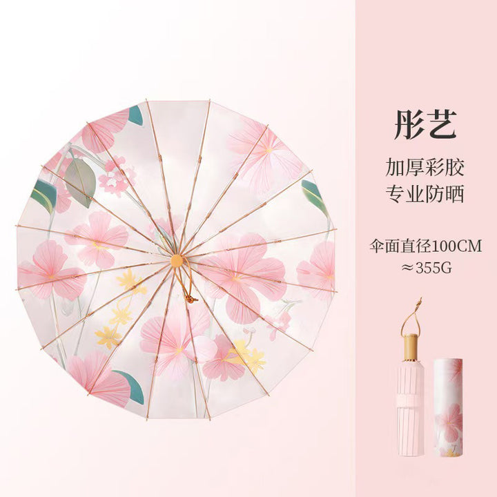 Kvinnenes sammenleggbare paraply med transparent blomsterdesign Skanto