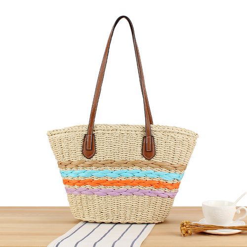 Leisure beach bag in woven natural material with colorful decoration Skanto