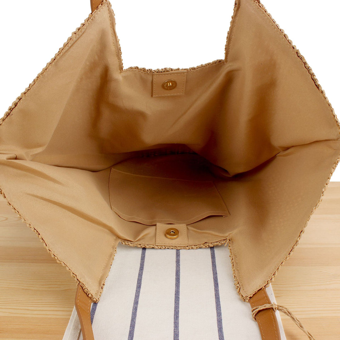 Woven Natural Straw Tote Bag with Leather Accents Skanto