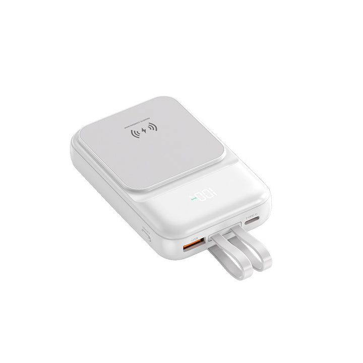 Bærbar powerbank med trådløs ladefunksjon og integrert ladekabel Skanto