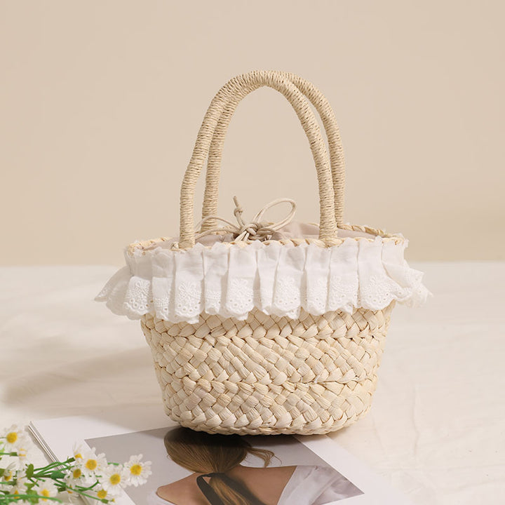 Handmade basket bag with delicate ruffles and ribbon Skanto