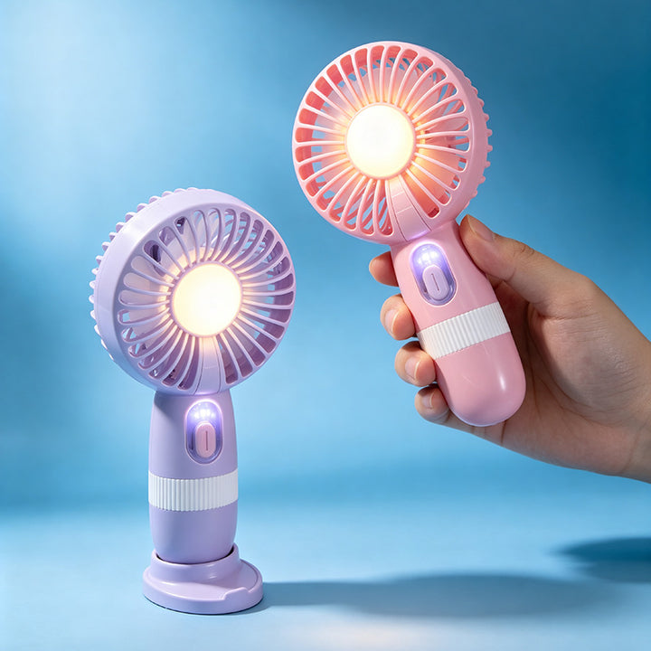 Kvinnelig bærbar USB-håndvifte med LED-lys og digital temperaturvisning Skanto