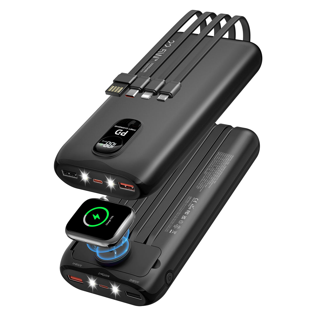 Bærbar powerbank med innebygde ladekabler og LCD-skjerm Skanto