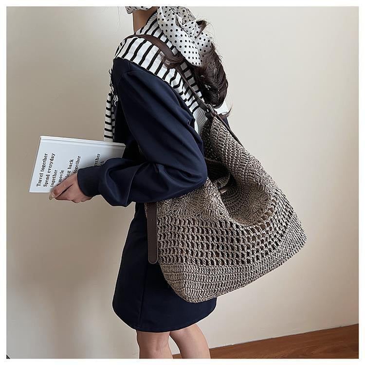 Stor makramee shopper med stilig lærdetalj Skanto