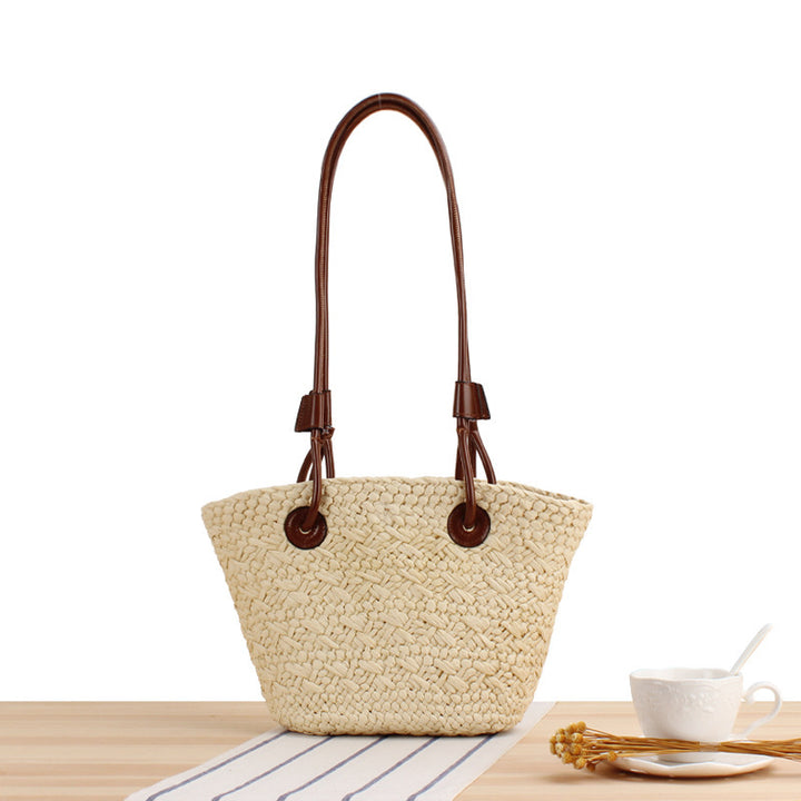 Handmade beach bag with brown leather handles Skanto