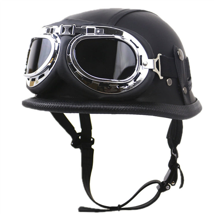 Vintage lærdoms skinnsykkelhjelm med briller Skanto