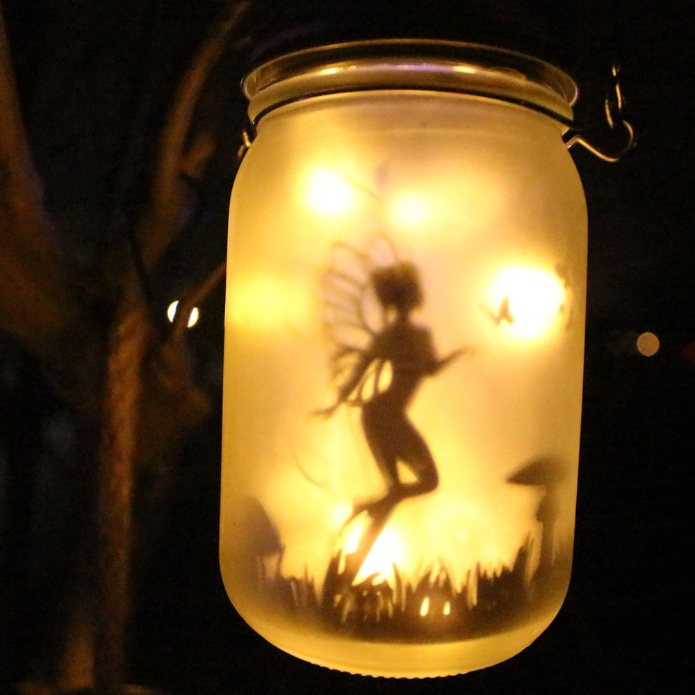 Hengende Frostet Mason Jar Sol LED Fe Fairy Silhuett Lantern Med Tauhåndtak Og Dynamisk LED Lyskjede Skanto