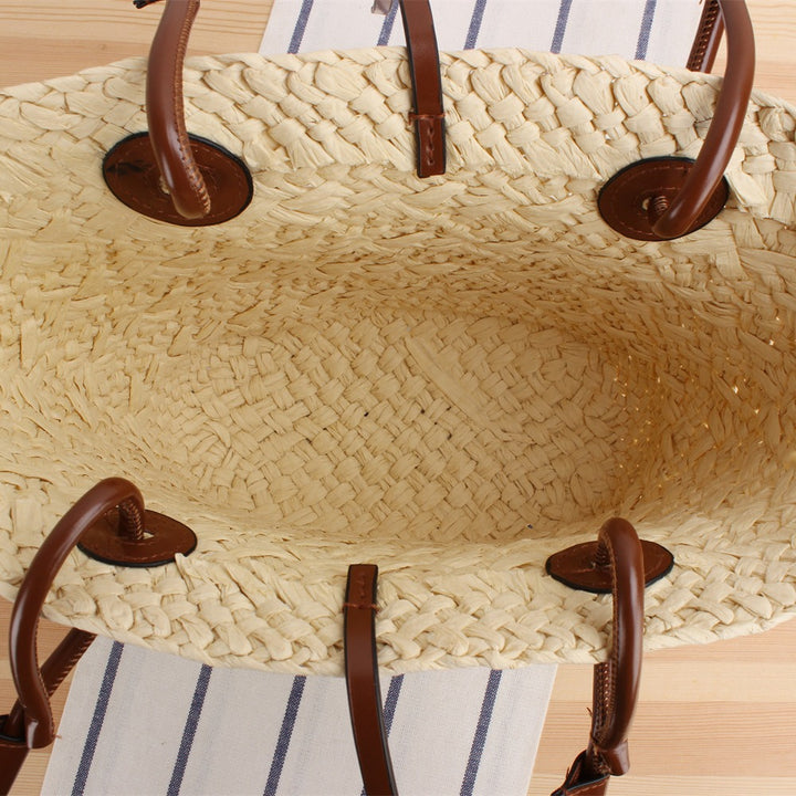 Handmade beach bag with brown leather handles Skanto