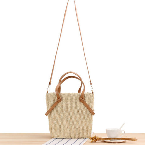 Woven natural material handbag with detachable leather handles Skanto