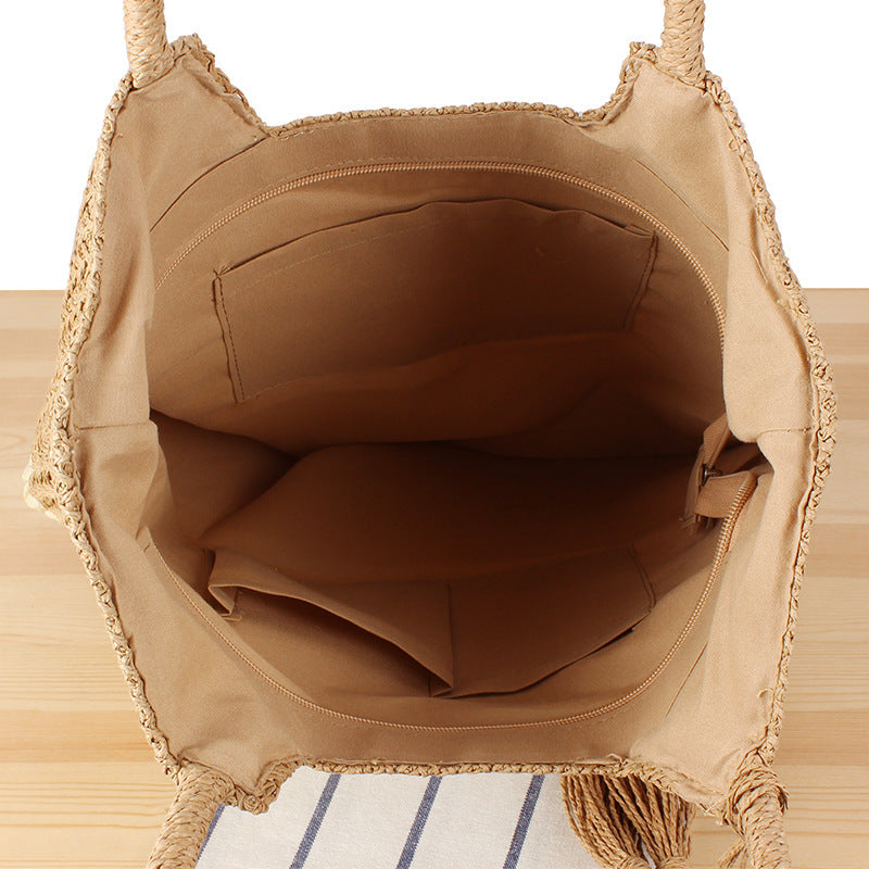 Modern beach tote bag made of woven natural material with fringed details Skanto