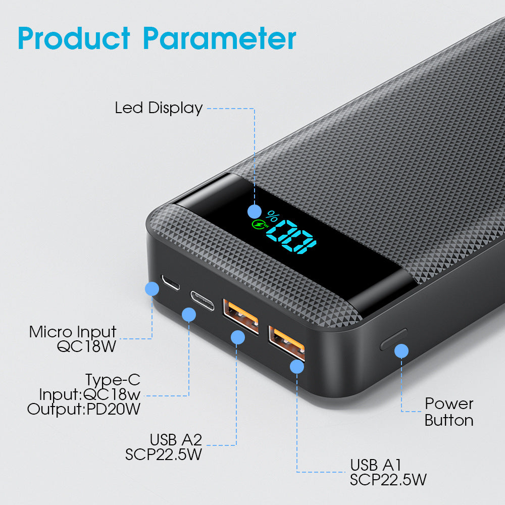 Høyytelses powerbank med digital skjerm og hurtiglading funksjon Skanto
