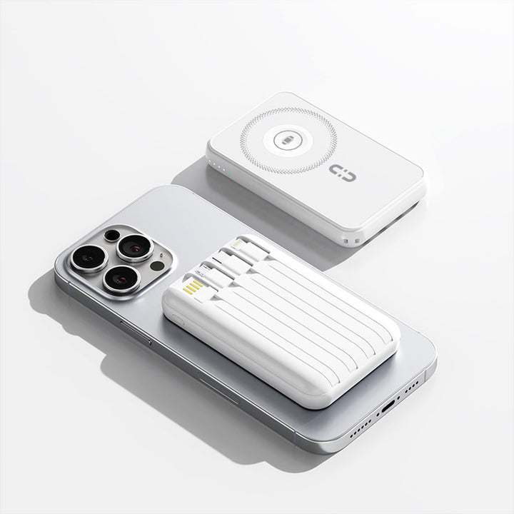 Kompakt powerbank med integrert ladekabel og hurtiglading funksjon Skanto