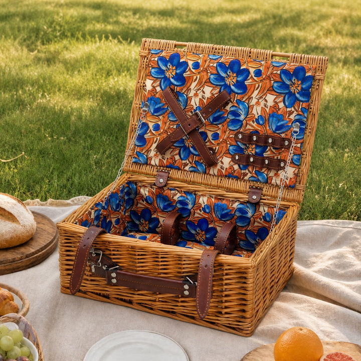 Dames luksus piknikkurv med offset tallerkenrom og blomstrede fôr Skanto