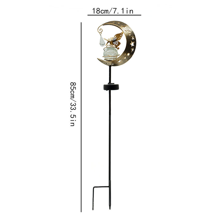 Crescent Moon Solar Hage Stake Lys Med Roterende Sprukket Glass Orb Og Sommerfugl Accent Skanto