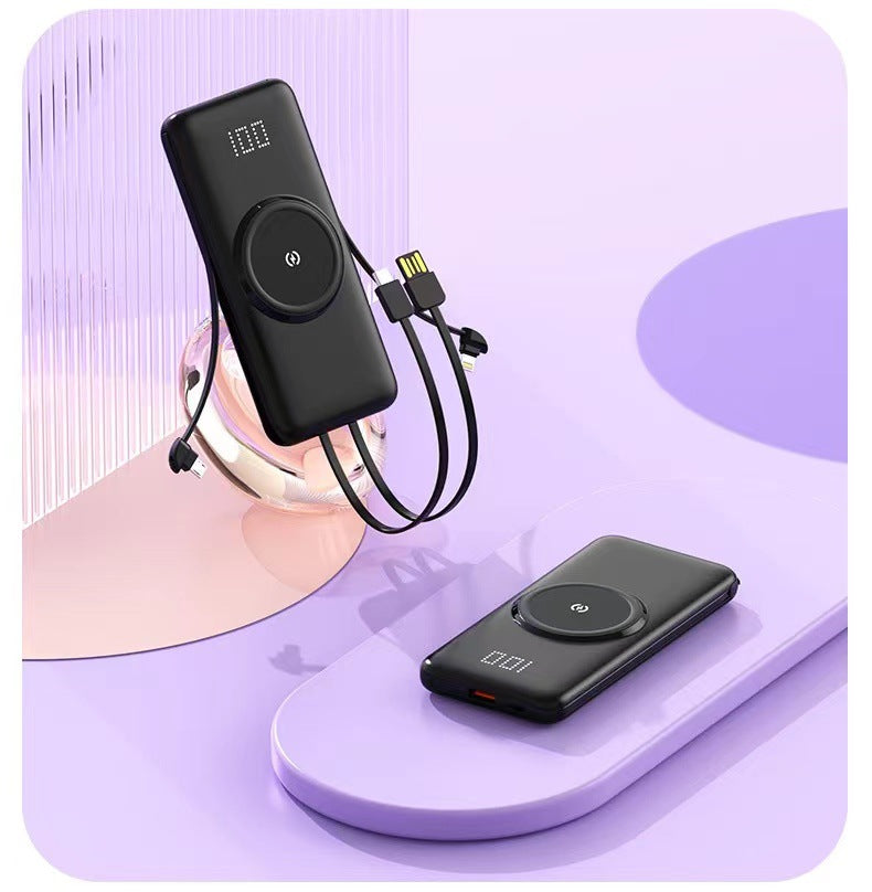 Bærbar Powerbank med trådløs ladefunksjon og integrert ladekabel Skanto