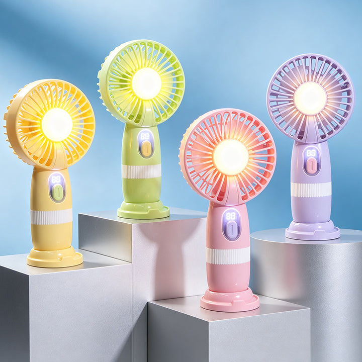 Kvinnelig bærbar USB-håndvifte med LED-lys og digital temperaturvisning Skanto