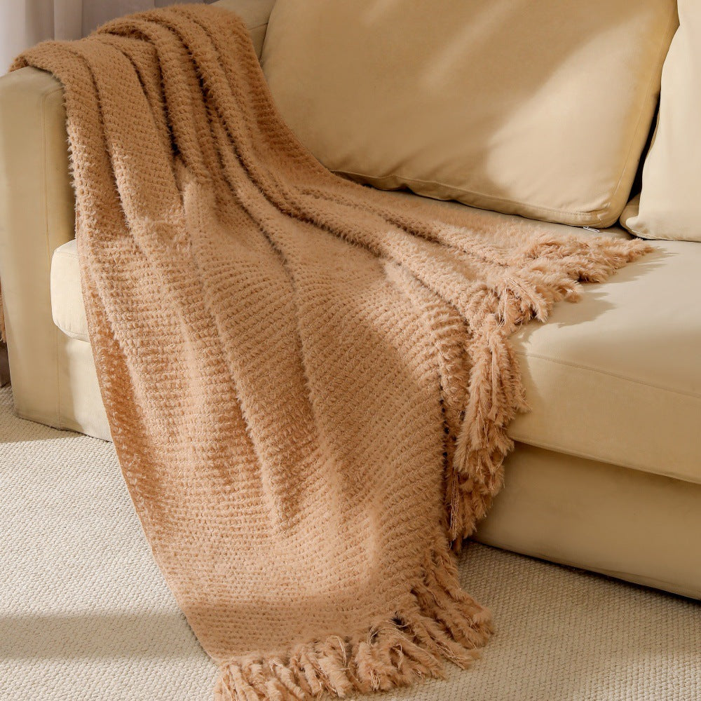 Kvinnens strikkede teppe med mykeste fleece og dekorative frynser Skanto