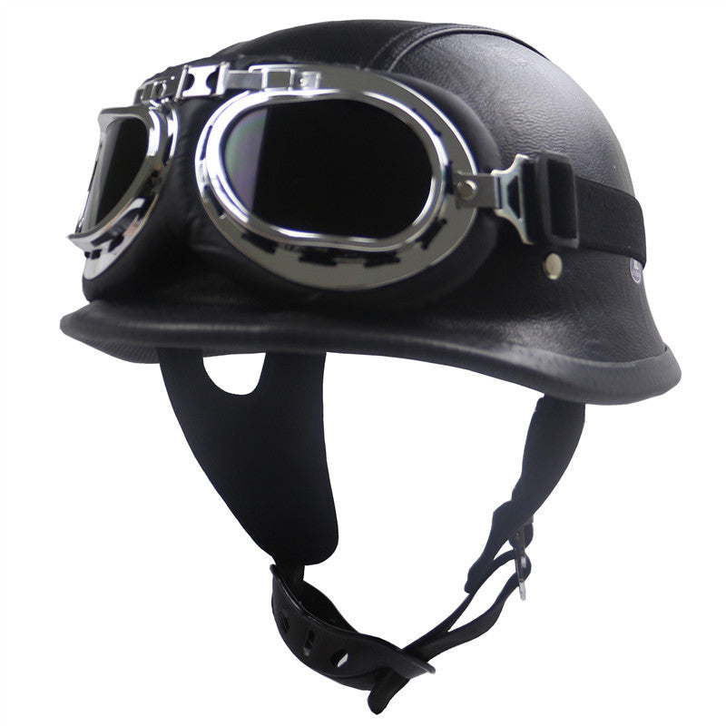Vintage lærmotorcykelhjelm med kromgoggles Skanto