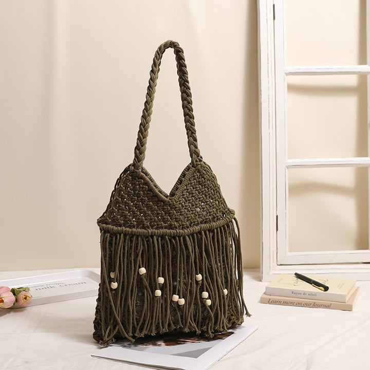 Crocheted beach bag with fringe details Skanto