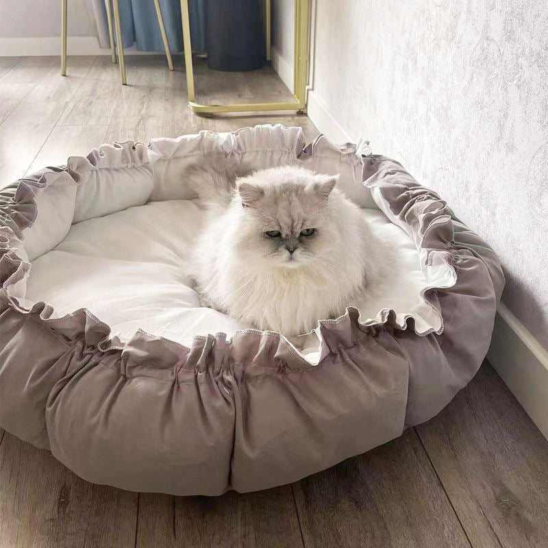 Rund Plysj Katte Seng med Frynsete Kanter Hundeseng