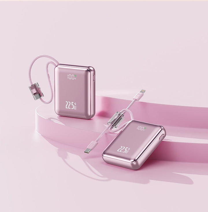 Kompakt powerbank med digital effektindikator og innebygd ladekabel Skanto