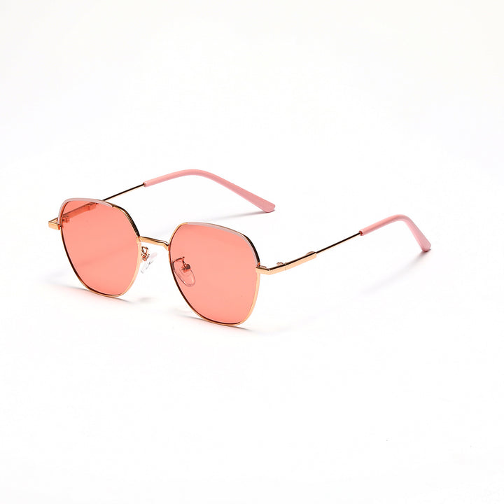 Dame moteriktig solbrille med smal metallramme og blå linser Skanto