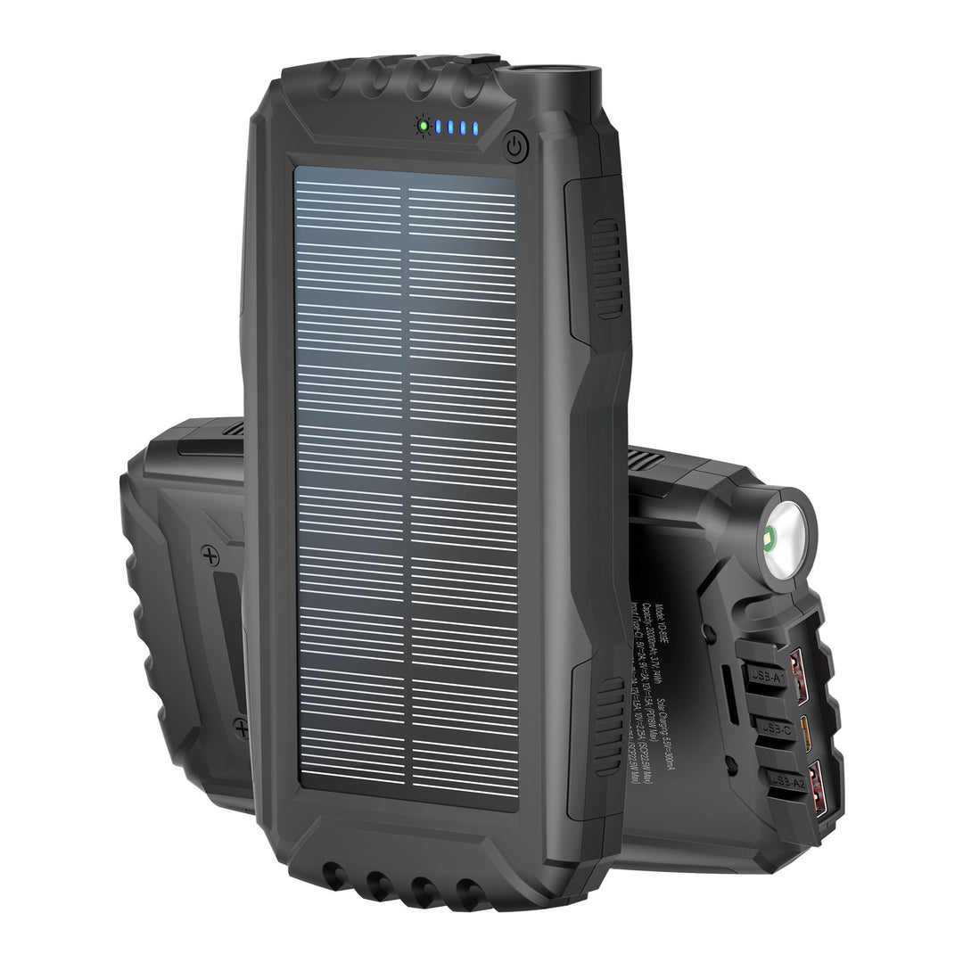 Solar-Powerbank med integrert LED-lommelykt og flere ladekontakter Skanto