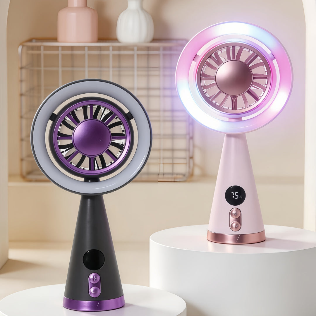 Kvinnelig bærbar håndholdt vifte med USB-tilkobling og innovativ sprayfunksjon Skanto