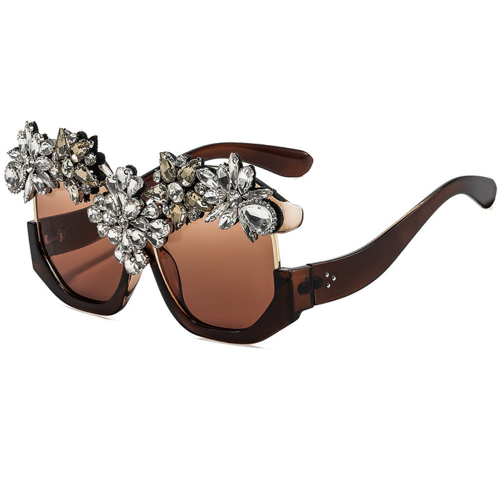 Dame Glamorøs solbrille med glitrende krystallblomster Skanto