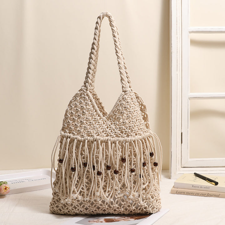 Crocheted beach bag with fringe details Skanto