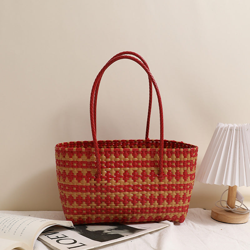 Braided Raffia Basket with Colorful Contrast Stripe Skanto