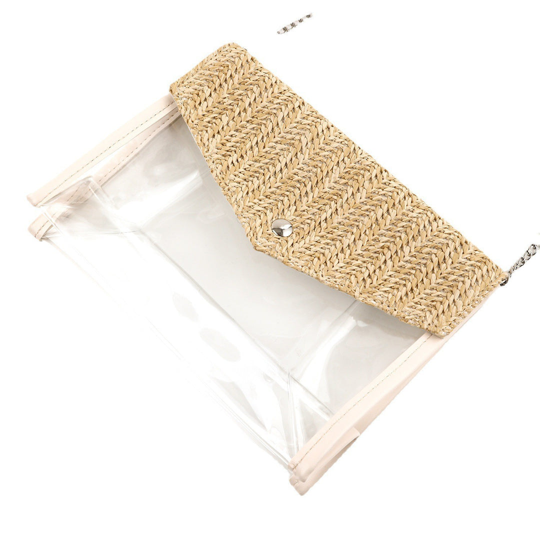 Elegant og stilfull skulderveske laget av romlig gjennomsiktig materiale med flettet lokk Skanto